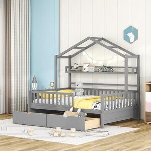 wadri full size house bed with 2 drawers and shelf, wood house bed frame with roof design and safety guardrail, montessori bed for girls boys bedroom, can be decorated (gray + wood-a32)