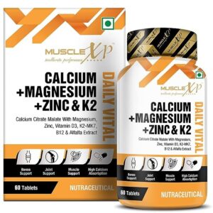 calcium + magnesium + zinc & k2 - mk7 daily vital with alfalfa extract, vitamin b12 and d3, 60 tablets