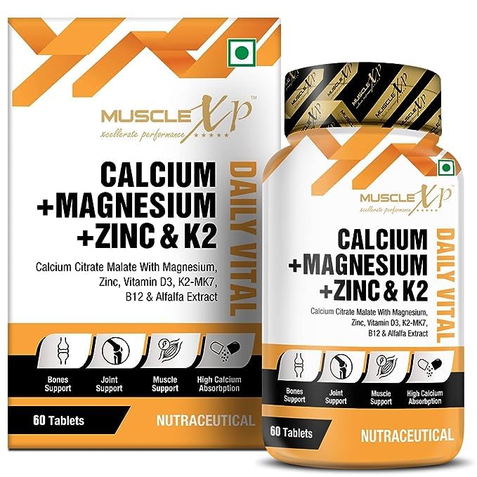 Calcium + Magnesium + Zinc & K2 - MK7 Daily Vital with Alfalfa Extract, Vitamin B12 and D3, 60 Tablets