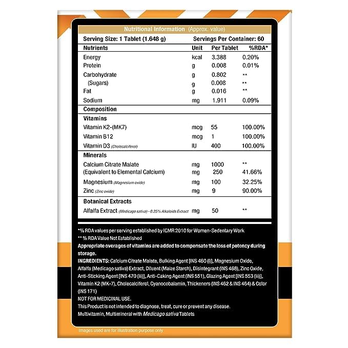 Calcium + Magnesium + Zinc & K2 - MK7 Daily Vital with Alfalfa Extract, Vitamin B12 and D3, 60 Tablets