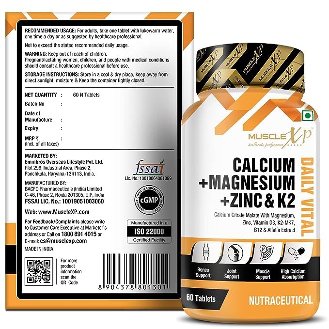 Calcium + Magnesium + Zinc & K2 - MK7 Daily Vital with Alfalfa Extract, Vitamin B12 and D3, 60 Tablets