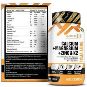 Calcium + Magnesium + Zinc & K2 - MK7 Daily Vital with Alfalfa Extract, Vitamin B12 and D3, 60 Tablets