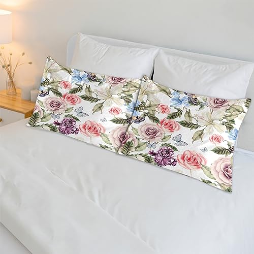 Flower Rose Butterfly Pattern Satin Pillow Cases Silk Satin Pillowcase for Hair and Skin Standard Set of 2 Super Soft Silk Pillowcase with Envelope Closure (20x26 in)