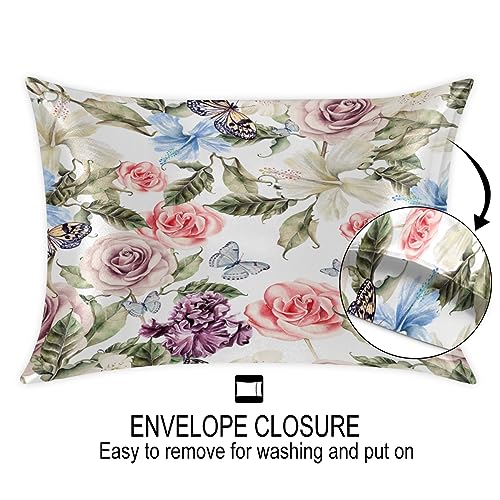 Flower Rose Butterfly Pattern Satin Pillow Cases Silk Satin Pillowcase for Hair and Skin Standard Set of 2 Super Soft Silk Pillowcase with Envelope Closure (20x26 in)