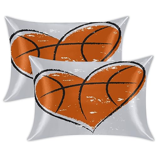 Heart Shape Basketball Satin Pillow Cases Silk Satin Pillowcase for Hair and Skin Standard Set of 2 Super Soft Silk Pillowcase with Envelope Closure (20x26 in)