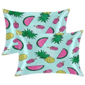 pineapple watermelon popsicle satin pillow cases silk satin pillowcase for hair and skin standard set of 2 super soft silk pillowcase with envelope closure (20x26 in)