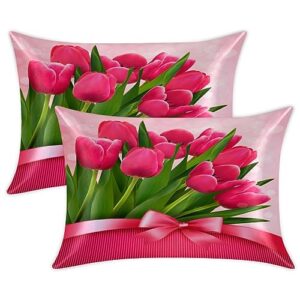 floral tulip satin pillow cases silk satin pillowcase for hair and skin standard set of 2 super soft silk pillowcase with envelope closure (20x26 in)