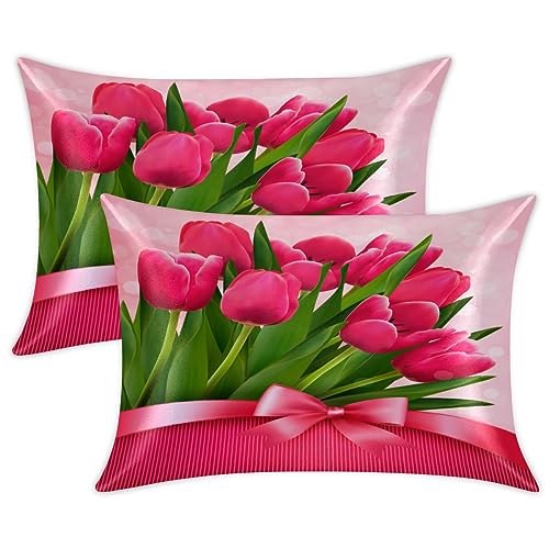 Floral Tulip Satin Pillow Cases Silk Satin Pillowcase for Hair and Skin Standard Set of 2 Super Soft Silk Pillowcase with Envelope Closure (20x26 in)