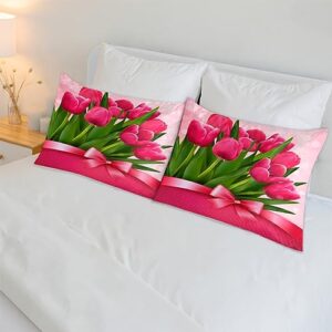 Floral Tulip Satin Pillow Cases Silk Satin Pillowcase for Hair and Skin Standard Set of 2 Super Soft Silk Pillowcase with Envelope Closure (20x26 in)