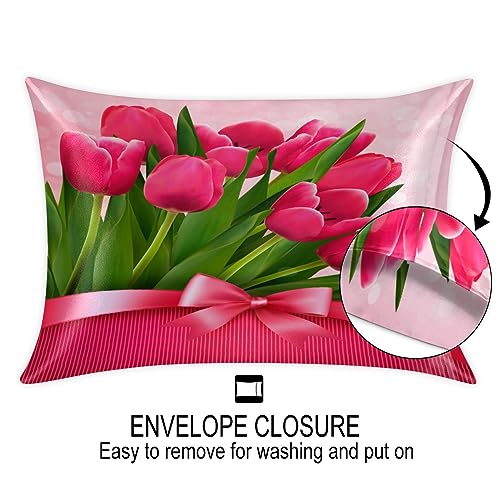 Floral Tulip Satin Pillow Cases Silk Satin Pillowcase for Hair and Skin Standard Set of 2 Super Soft Silk Pillowcase with Envelope Closure (20x26 in)