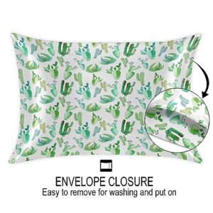 Tropical Cactus Themes Satin Pillow Cases Silk Satin Pillowcase for Hair and Skin Standard Set of 2 Super Soft Silk Pillowcase with Envelope Closure (20x26 in)
