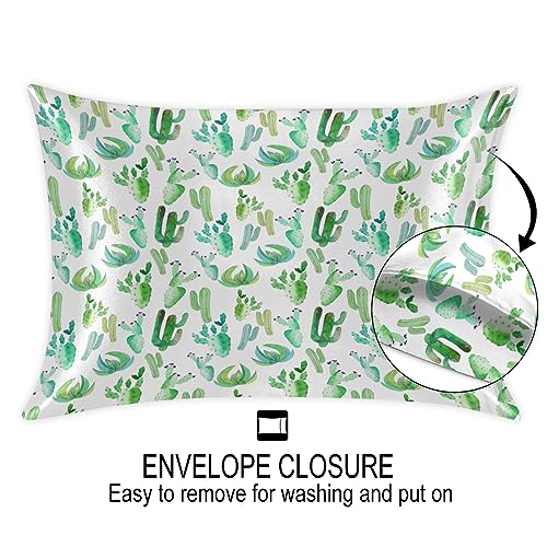 Tropical Cactus Themes Satin Pillow Cases Silk Satin Pillowcase for Hair and Skin Standard Set of 2 Super Soft Silk Pillowcase with Envelope Closure (20x26 in)