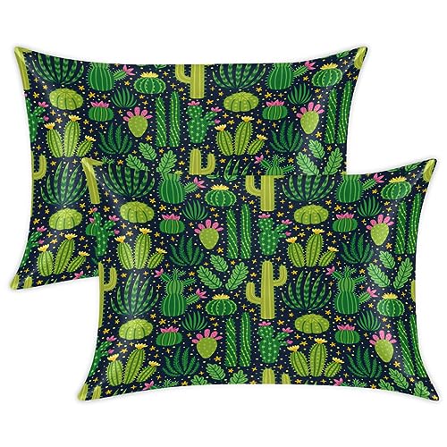 Cactus Print Satin Pillow Cases Silk Satin Pillowcase for Hair and Skin Standard Set of 2 Super Soft Silk Pillowcase with Envelope Closure (20x26 in)