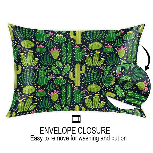 Cactus Print Satin Pillow Cases Silk Satin Pillowcase for Hair and Skin Standard Set of 2 Super Soft Silk Pillowcase with Envelope Closure (20x26 in)