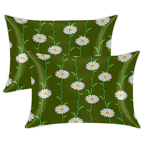 Flower Floral Chamomile Satin Pillow Cases Silk Satin Pillowcase for Hair and Skin Standard Set of 2 Super Soft Silk Pillowcase with Envelope Closure (20x26 in)