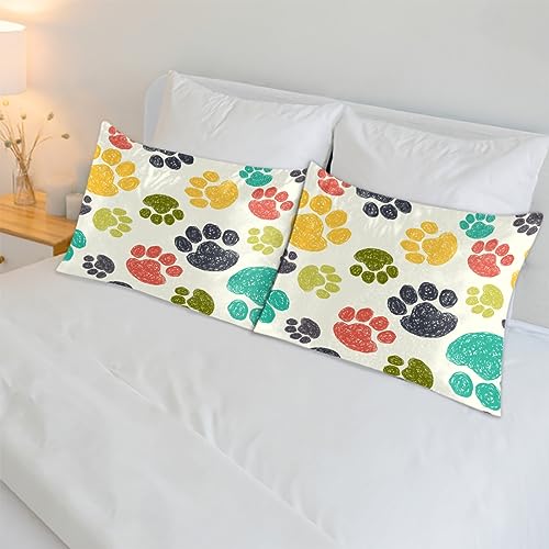 Colorful Paw Prints Satin Pillow Cases Silk Satin Pillowcase for Hair and Skin Standard Set of 2 Super Soft Silk Pillowcase with Envelope Closure (20x26 in)