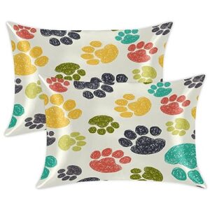 colorful paw prints satin pillow cases silk satin pillowcase for hair and skin standard set of 2 super soft silk pillowcase with envelope closure (20x26 in)