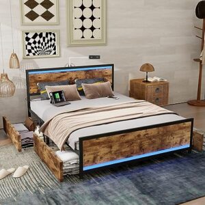 ailisite queen bed frame with 4 storage drawers, metal platform bed frame with storage & led headboard & 2 usb charging station, sturdy and stable, no box spring needed, noise free, easy to install