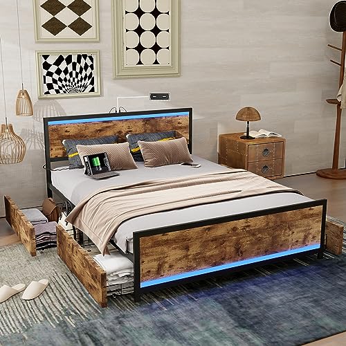 Ailisite Queen Bed Frame with 4 Storage Drawers, Metal Platform Bed Frame with Storage & LED Headboard & 2 USB Charging Station, Sturdy and Stable, No Box Spring Needed, Noise Free, Easy to Install