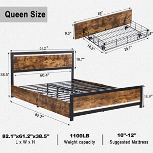 Ailisite Queen Bed Frame with 4 Storage Drawers, Metal Platform Bed Frame with Storage & LED Headboard & 2 USB Charging Station, Sturdy and Stable, No Box Spring Needed, Noise Free, Easy to Install