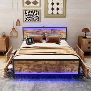 Ailisite Queen Bed Frame with 4 Storage Drawers, Metal Platform Bed Frame with Storage & LED Headboard & 2 USB Charging Station, Sturdy and Stable, No Box Spring Needed, Noise Free, Easy to Install