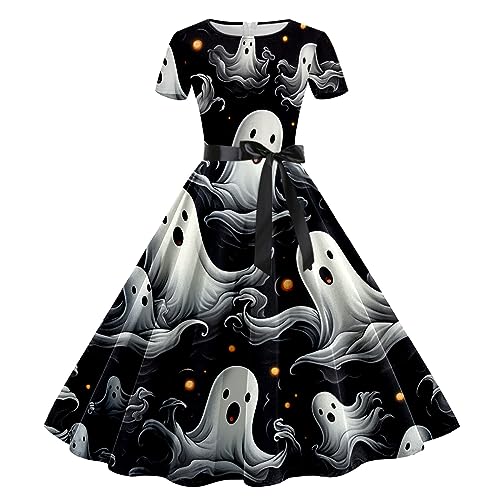 Halloween Dress for Women Short Sleeves Printed Vintage Style A-Line Party Dresses