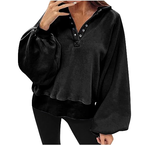 Sweatshirt for Women Turn Collar Button Lantern Sleeve Tops Trendy T Shirts for Women Loose Fit Pullover Tops Dressy Comfy Shirts Black