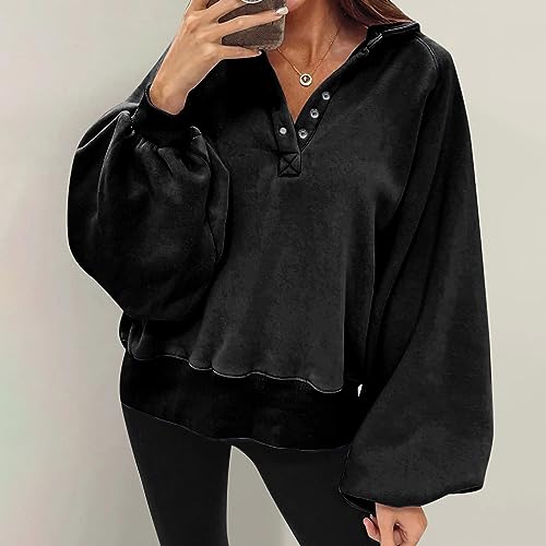 Sweatshirt for Women Turn Collar Button Lantern Sleeve Tops Trendy T Shirts for Women Loose Fit Pullover Tops Dressy Comfy Shirts Black