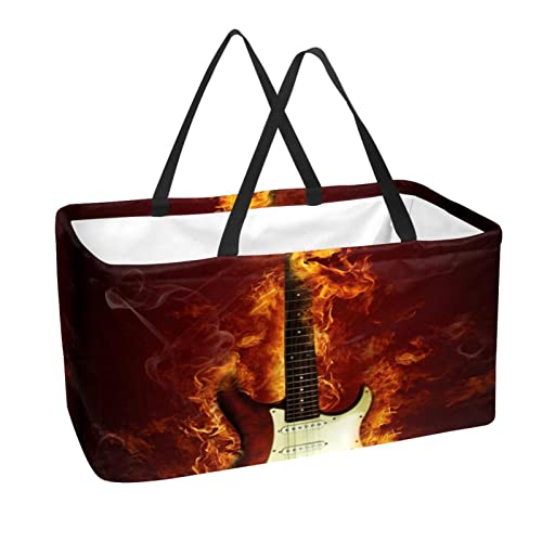 Reusable Grocery Bag Electric Guitar in Flames Burning Fire Large Stand Up Tote Shopping Bag with Reinforced Handles