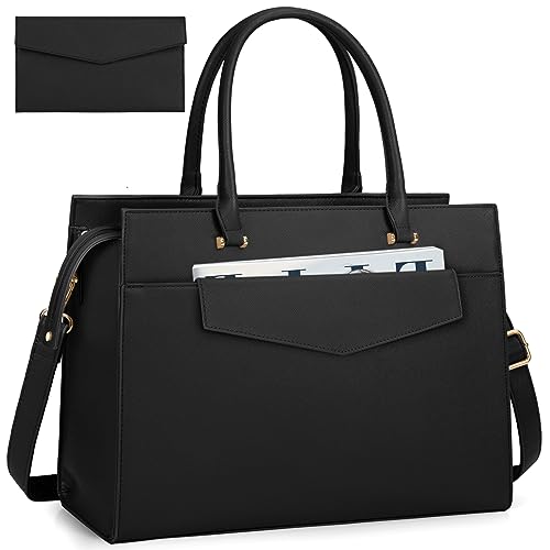 Laptop Bag for Women 15.6 inch Leather Tote Bag 2pcs Set Professional Work Bag with Envelope Clutch Bag Large Office Computer Bag Teacher Bag Shoulder Bag Satchel Purse, Black