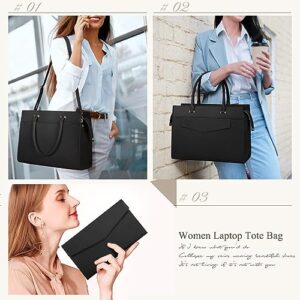 Laptop Bag for Women 15.6 inch Leather Tote Bag 2pcs Set Professional Work Bag with Envelope Clutch Bag Large Office Computer Bag Teacher Bag Shoulder Bag Satchel Purse, Black