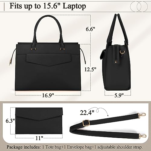 Laptop Bag for Women 15.6 inch Leather Tote Bag 2pcs Set Professional Work Bag with Envelope Clutch Bag Large Office Computer Bag Teacher Bag Shoulder Bag Satchel Purse, Black