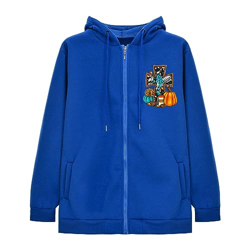 mjhGcfj Women's Cute Hoodies Teen Girl Fall Oversized Sweatshirts Halloween Print Drawstring Zip Up Y2K Hoodie with Pockets A10-Blue, XX-Large