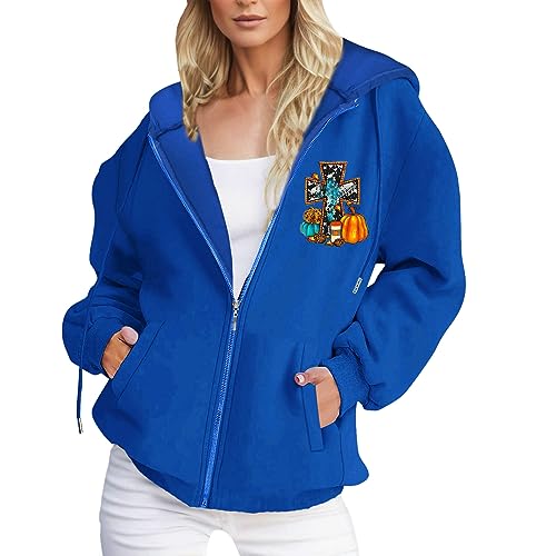 mjhGcfj Women's Cute Hoodies Teen Girl Fall Oversized Sweatshirts Halloween Print Drawstring Zip Up Y2K Hoodie with Pockets A10-Blue, XX-Large