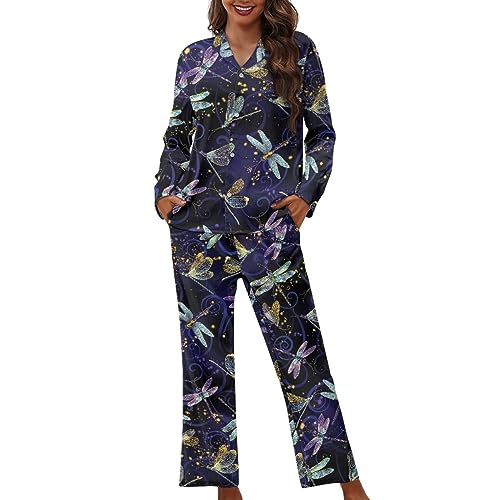 Suhoaziia Dragonfly Soft Pajamas Set for Women Losse Sleepwear Fashion Loungewear with Pockets Button Up 2pcs Pjs Lounge Sets