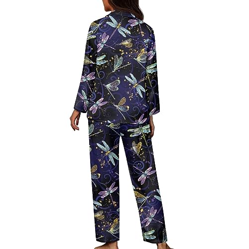 Suhoaziia Dragonfly Soft Pajamas Set for Women Losse Sleepwear Fashion Loungewear with Pockets Button Up 2pcs Pjs Lounge Sets