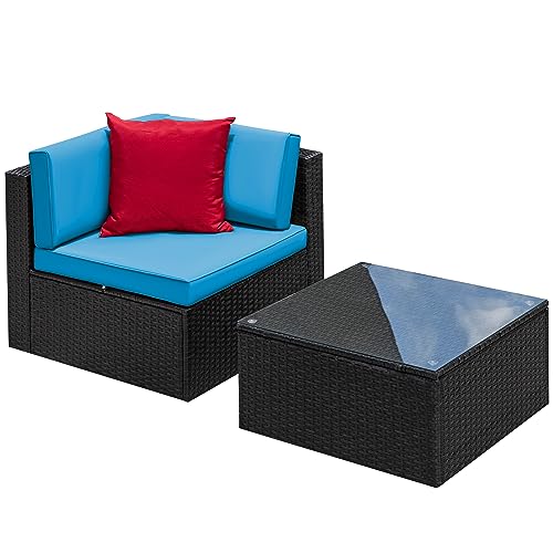 Devoko 2 Piece Patio Furniture Set, All Weather PE Rattan Outdoor Sofa Set Single Sofa with Table for Garden Lawn Poolside (2 Piece, Blue)