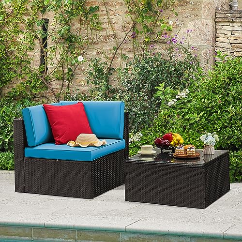 Devoko 2 Piece Patio Furniture Set, All Weather PE Rattan Outdoor Sofa Set Single Sofa with Table for Garden Lawn Poolside (2 Piece, Blue)