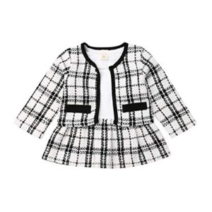 emmababy 2pcs baby girl princess dress outfit autumn winter warm clothes plaid coat tops patchwork o-neck tutu dress skirt (black white, 1-2 years)