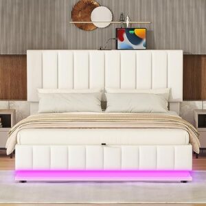 modern queen size upholstered bed with hydraulic storage system and led light, pu leather upholstered platform bed frame with adjustable headboard and usb ports, strong slatted support (white-pw)