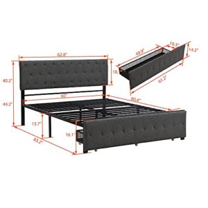 Voohek Queen Size, Metal Platform, Upholstered Headboard,with Storage Space,Gray Bed Frame