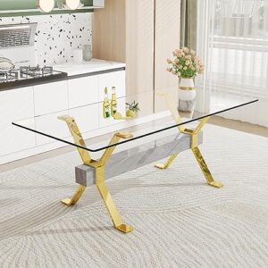 glass dining table for 4, 79" modern kitchen dining room table with rectangular tempered glass tabletop and gold plated metal legs for dining room (gold)