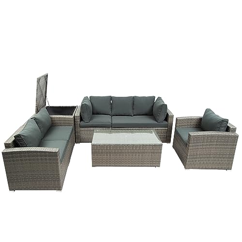 Simicase Outdoor Patio Furniture Sets, 7-Piece Patio Wicker Sofa, Cushions, Chairs, a Loveseat, a Table and a Storage Box