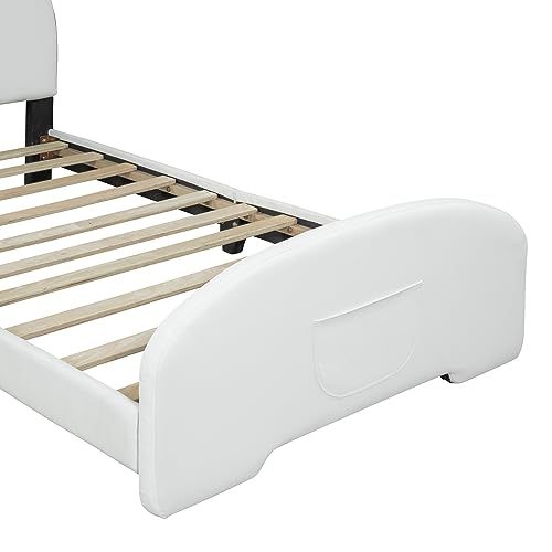 Harper & Bright Designs Upholstered Kids Bed Frame with Bear Shape Headboard, PU Upholstered Twin Size Platform Bed with Slat Supports, Cute Kids Bed for Boys Girls (Twin,White+Brown)
