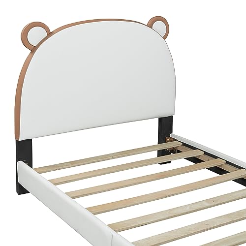 Harper & Bright Designs Upholstered Kids Bed Frame with Bear Shape Headboard, PU Upholstered Twin Size Platform Bed with Slat Supports, Cute Kids Bed for Boys Girls (Twin,White+Brown)