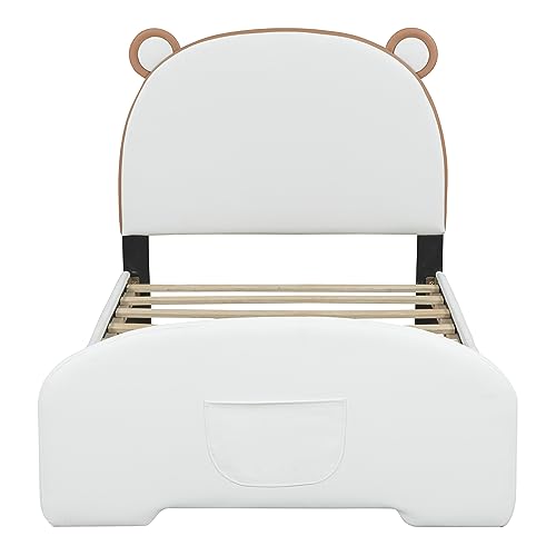 Harper & Bright Designs Upholstered Kids Bed Frame with Bear Shape Headboard, PU Upholstered Twin Size Platform Bed with Slat Supports, Cute Kids Bed for Boys Girls (Twin,White+Brown)