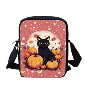 tsvaga halloween messenger bag small cross body purse satchel kids schoolbag travel fashion shoulder bag for boys girls sling bag, pink black cat pumpkin
