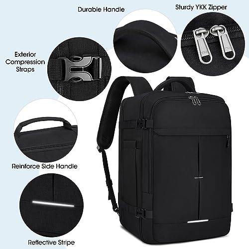 Travel Backpack for Men 40L Carry on Backpack Airline Approved 17 Inch Laptop Backpack Waterproof Large Travel Backpack Luggage Daypack Business College Weekender Overnight Backpack Men Women, Black