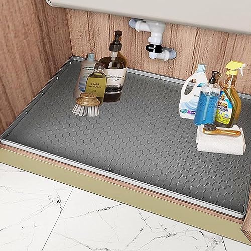 Under Sink Mat, 34 x 22 Flexible Silicone Waterproof Cabinet Protector Mats Under Sink Liner Tray for Drips Leaks Spills with Drain Hole Sink Cabinet Protector Mats for Bathroom/Kitchen