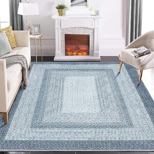 cozyloom braided print home indoor area rug 4x6 rug for entryway living room bedroom kitchen dining farmhouse retro area rug non slip backing low pile floor cover non-shedding accent rug blue